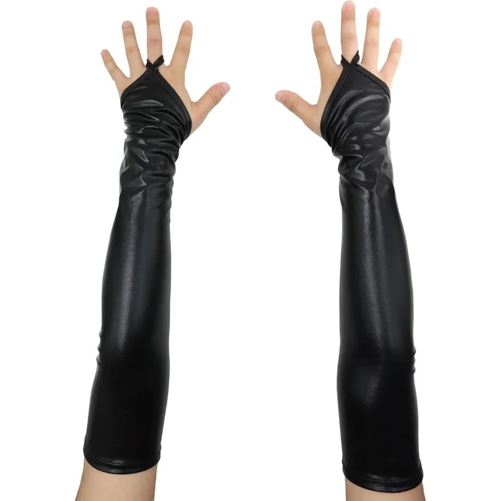 Women's Fingerless Shiny Metallic Spandex Black Fashion Long Elastic Gloves